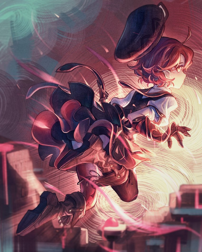 1girl boots capelet curly_hair flamberge_(kirby) flying from_behind gauntlets hat highres kirby_star_allies kirby_(series) looking_at_viewer looking_back nintendo personification pointy_ears ribbon shirt short_hair skirt somayumi thighhighs vest white_shirt