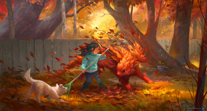 1girl aqua_jacket autumn autumn_leaves backyard birch_tree black_hair black_pants child commentary dappled_sunlight dated day dragon english_commentary falling_leaves fence foliage forest full_body grass highres holding_rake jacket leaf leaf_pile leaf_wings long_hair looking_at_animal nature original outdoors pants plant plant_monster potted_plant profile rake red_eyes sandara scenery shirt signature solo standing sunlight tree white_dog white_shirt wooden_fence
