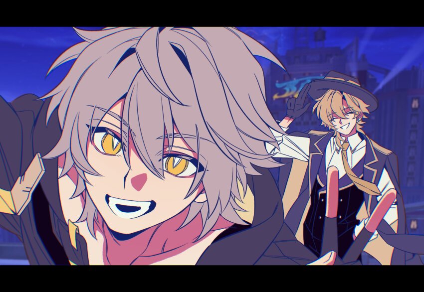 2boys aventurine_(honkai:_star_rail) aventurine_(stoneheart&#039;s_oath_ring)_(honkai:_star_rail) black_border black_coat black_gloves black_hat black_pants black_vest blonde_hair blue_gemstone blue_sky border building buttons caelus_(honkai:_star_rail) city closed_eyes coat collared_shirt commentary_request crystal_earrings earrings gem gloves grey_hair hair_between_eyes hand_in_pocket hand_up hat highres honkai:_star_rail honkai_(series) hood hooded_coat in-universe_location jacket jewelry lapels long_sleeves looking_at_viewer male_focus multiple_boys necktie night night_sky official_alternate_costume open_clothes open_coat open_jacket open_mouth outdoors pants puffy_long_sleeves puffy_sleeves purple_jacket rongyuan_gulu shirt short_hair single_earring sky skyscraper smile standing teeth trailblazer_(honkai:_star_rail) two-sided_fabric two-sided_jacket vest white_shirt window yellow_eyes yellow_jacket yellow_necktie