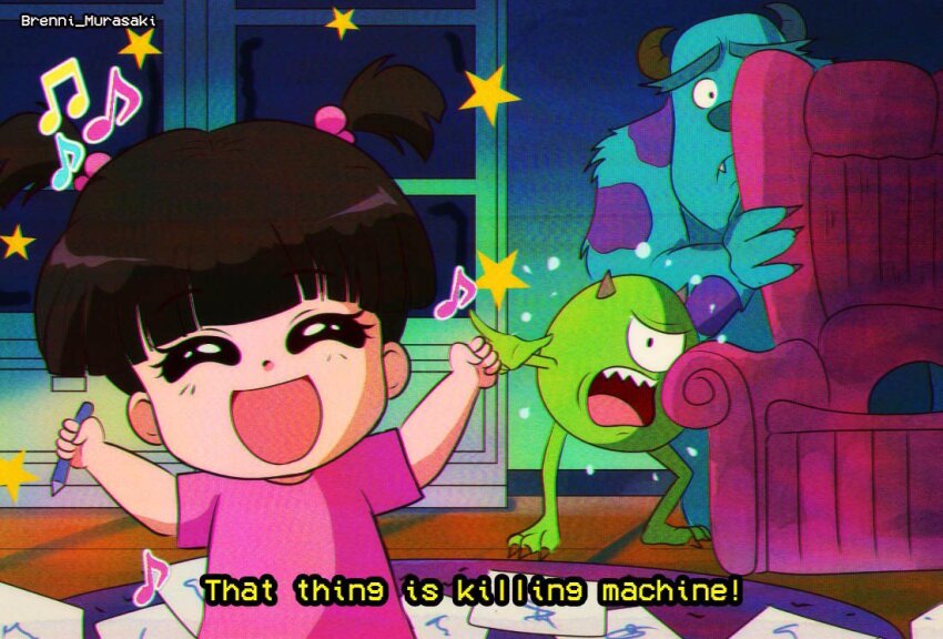 1990s_(style) 1girl 2boys black_hair boo_(monsters_inc.) brenni_murasaki brown_hair child closed_eyes dress horns james_p._sullivan male_focus mike_wazowski monster monsters_inc. multiple_boys one-eyed open_mouth retro_artstyle short_hair short_twintails smile teeth twintails
