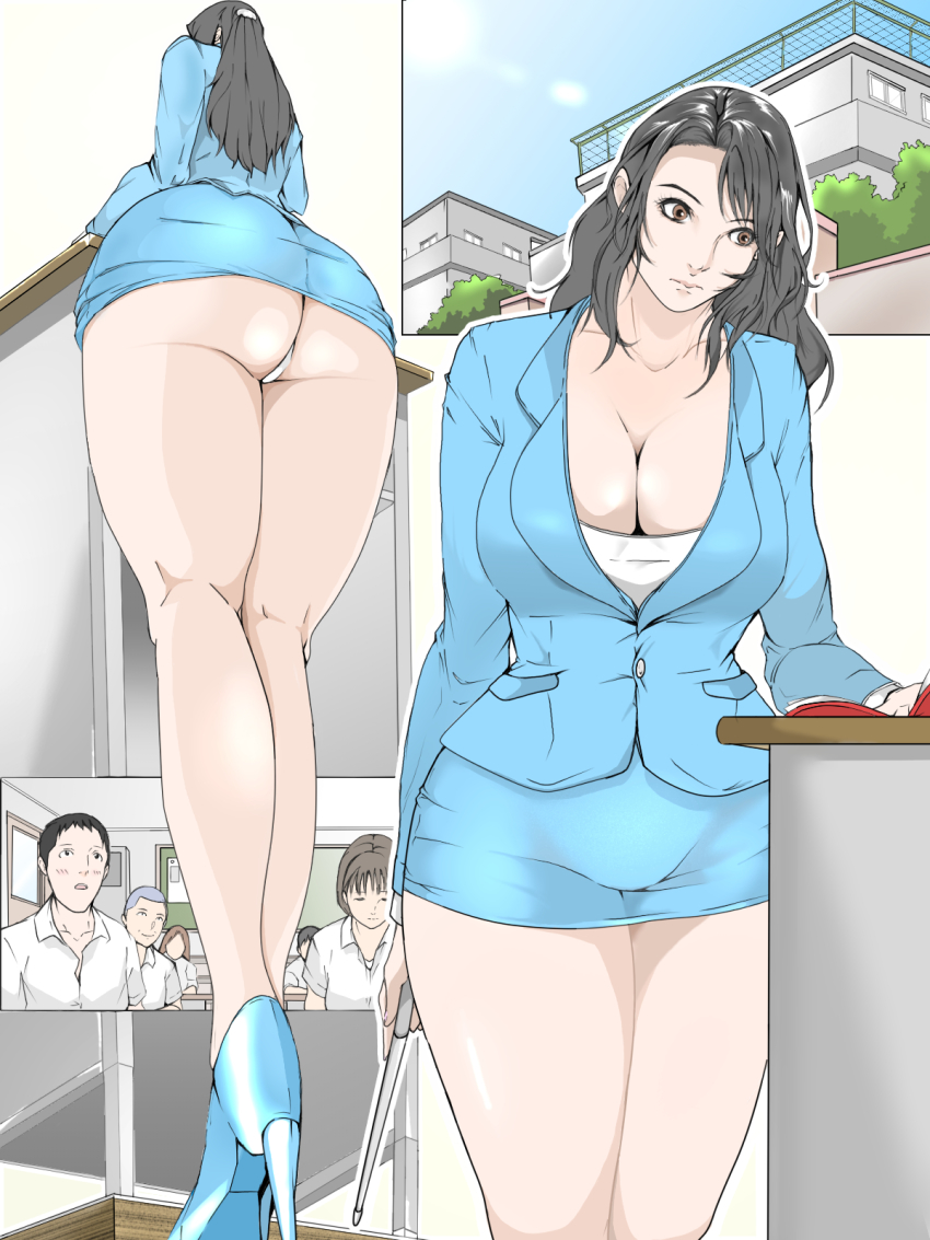 1girl aoshika_akiko ass black_hair blue_skirt book breasts brown_eyes classroom cleavage cloud day dress formal_clothes from_below groin high_heels highres holding holding_pointer huge_ass huge_breasts indoors legs long_hair microdress minidress miniskirt multiple_views panties pantyshot pointer school sitting skirt sky standing suit table teacher thick_thighs thighs underwear upskirt wan_(13070284) wolf_guy