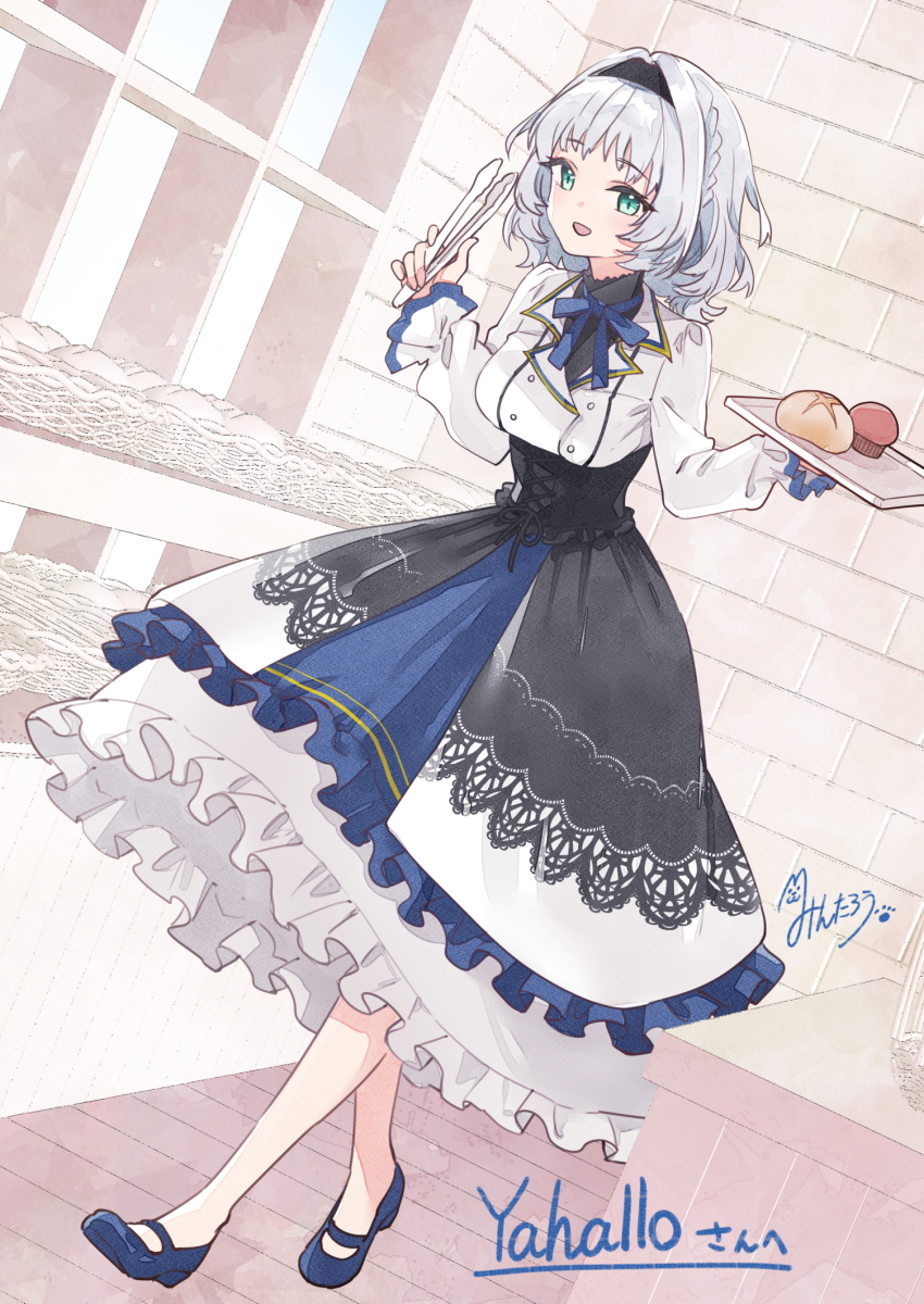 1girl braid bread buttons casual commission cross-laced_clothes double-breasted dress food frilled_dress frills green_eyes hairband halo halo_removed highres kamishiro_rita mary_janes muffin prism_project shoes short_hair silver_hair skeb_commission solo todo-akira tongs underbust virtual_youtuber
