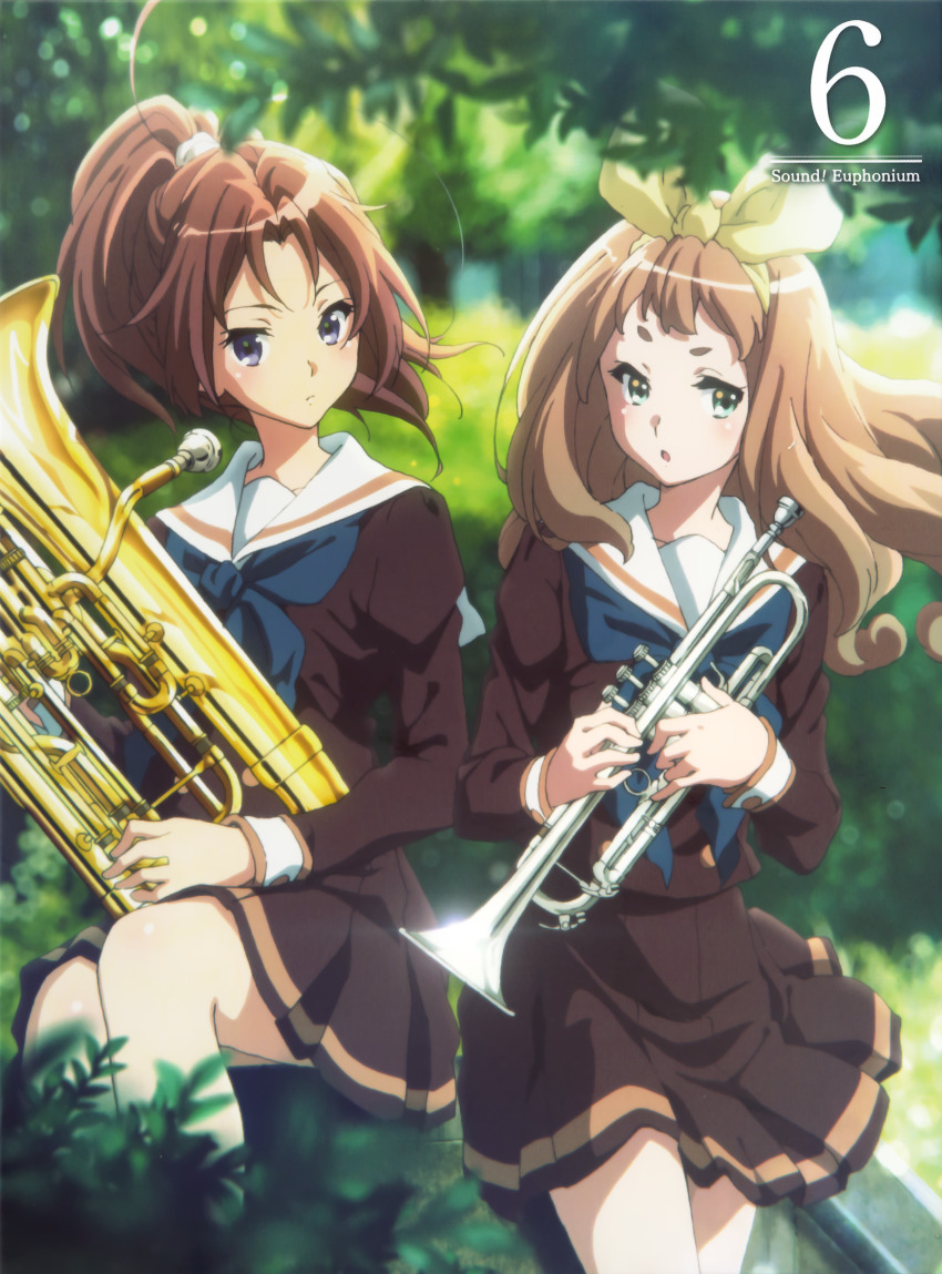 2girls ahoge album_cover annoyed blonde_hair blue_neckerchief blurry blurry_background brown_hair brown_shirt brown_skirt closed_mouth cover euphonium green_eyes hair_ribbon hibike!_euphonium highres holding holding_instrument ikeda_shouko instrument kitauji_high_school_uniform long_hair long_sleeves looking_away multiple_girls nakagawa_natsuki neckerchief official_art outdoors parted_lips pleated_skirt ponytail purple_eyes ribbon sailor_collar school_uniform serafuku shirt sitting skirt standing tree trumpet white_sailor_collar yellow_ribbon yoshikawa_yuuko