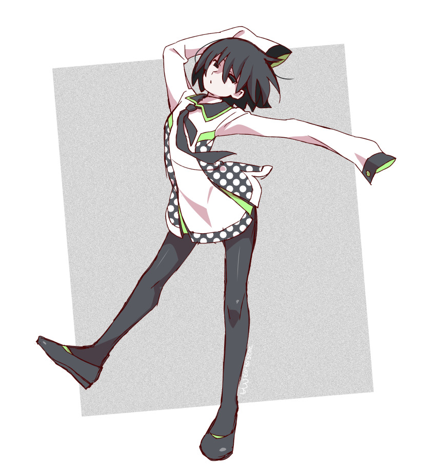 1girl absurdres arms_up black_eyes black_hair black_necktie black_pantyhose black_shoes bob_cut collared_dress commentary_request dress empty_eyes grey_background hair_between_eyes highres long_sleeves looking_at_viewer manimani_(mani_ma) monogatari_(series) necktie oshino_ougi pale_skin pantyhose shoes short_hair sleeves_past_fingers sleeves_past_wrists solo standing white_dress