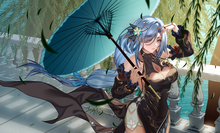 1girl absurdres arm_up bare_shoulders black_dress blue_umbrella breasts chenghuzongsi cleavage cleavage_cutout clothing_cutout commentary_request day detached_sleeves dress eyes_visible_through_hair genshin_impact grey_hair hair_ornament hair_over_one_eye hand_up highres holding holding_umbrella large_breasts long_hair looking_at_viewer official_alternate_costume oil-paper_umbrella outdoors parted_lips pelvic_curtain shenhe_(frostflower_dew)_(genshin_impact) shenhe_(genshin_impact) sleeveless sleeveless_dress solo umbrella upper_body very_long_hair