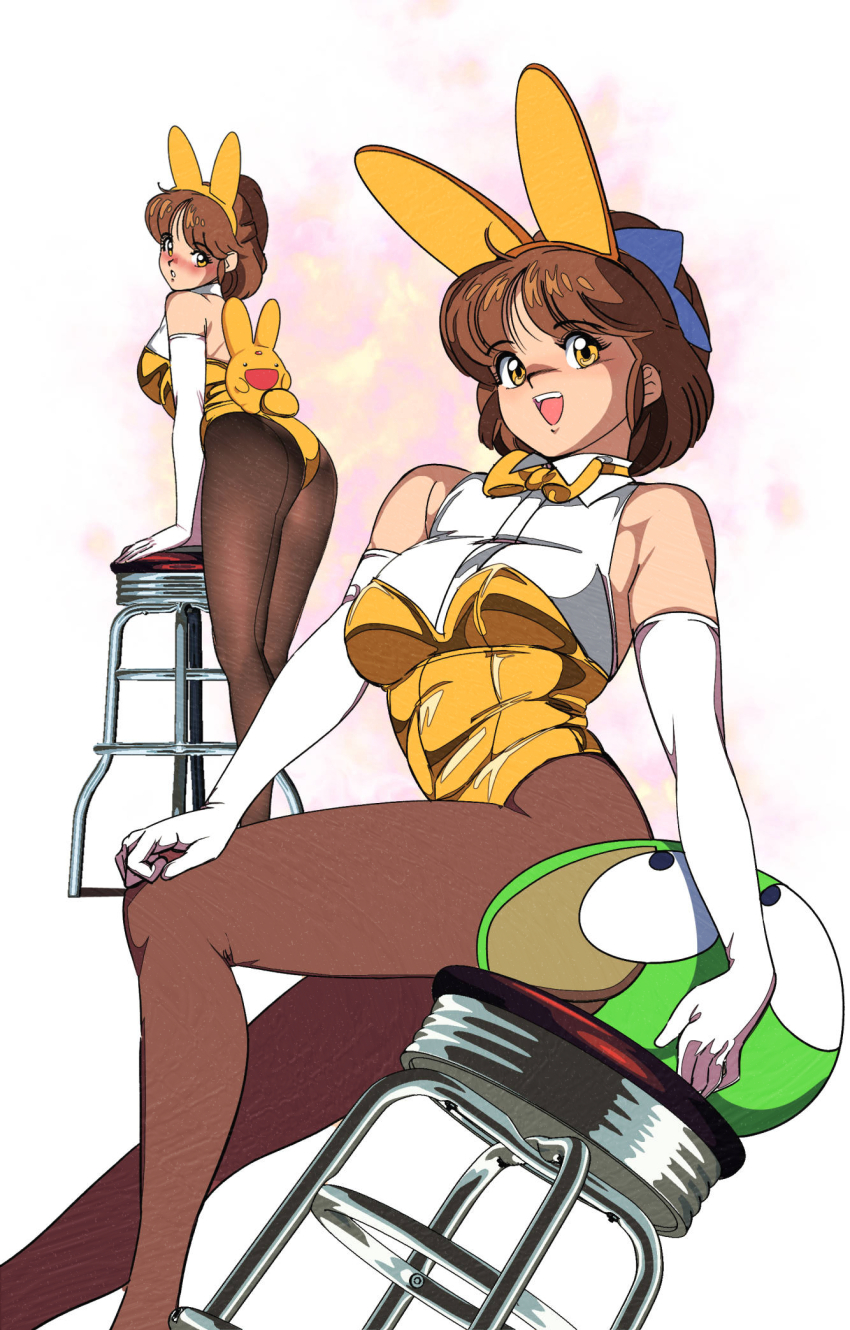 1girl 1other arle_nadja ass bar_stool blue_bow bow bowtie breasts brown_eyes brown_hair brown_pantyhose carbuncle_(puyopuyo) chair edoya_inuhachi from_behind gold_leotard highres leaning_on_object leotard looking_at_viewer medium_breasts multiple_views pantyhose playboy_bunny puyo_(puyopuyo) puyopuyo shirt sitting sleeveless sleeveless_shirt stool white_shirt