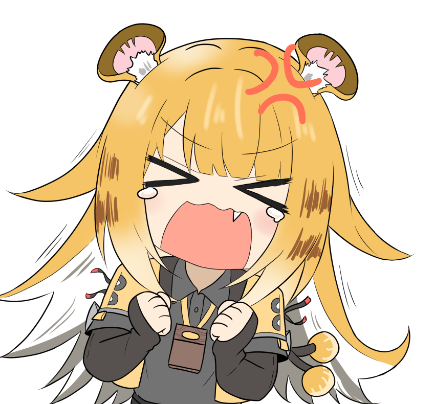 1girl anger_vein animal_ear_fluff animal_ears blonde_hair gloves highres jacket ju_fufu long_hair looking_at_viewer multicolored_hair shirt solo striped_fur striped_hair tail tiger_ears tiger_girl user_mkfm8773 zenless_zone_zero