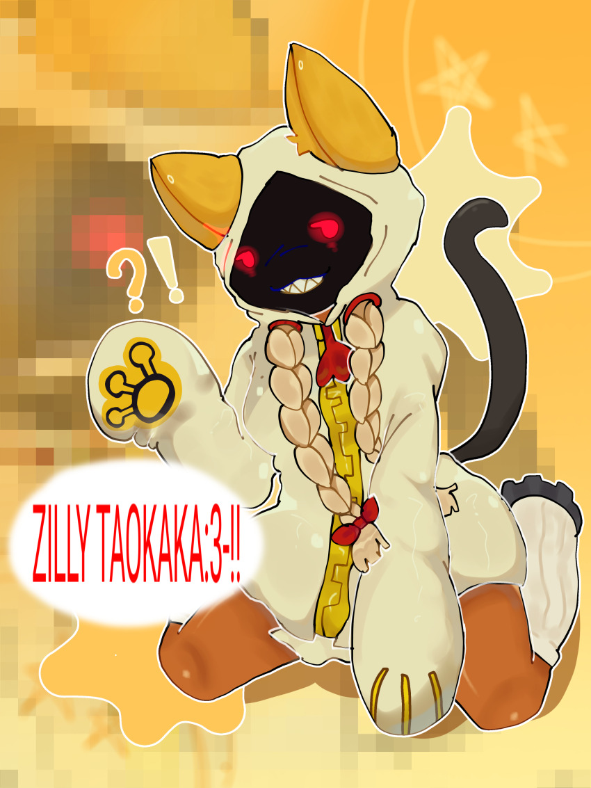 1girl absurdres animal_ears animal_hood blazblue braid cat_ears cat_hood cat_tail dark-skinned_female dark_skin heel-less_heels highres hood hoodie maomaocatmao non-web_source oversized_zipper red_eyes smile solo tail taokaka twin_braids yellow_hoodie zipper