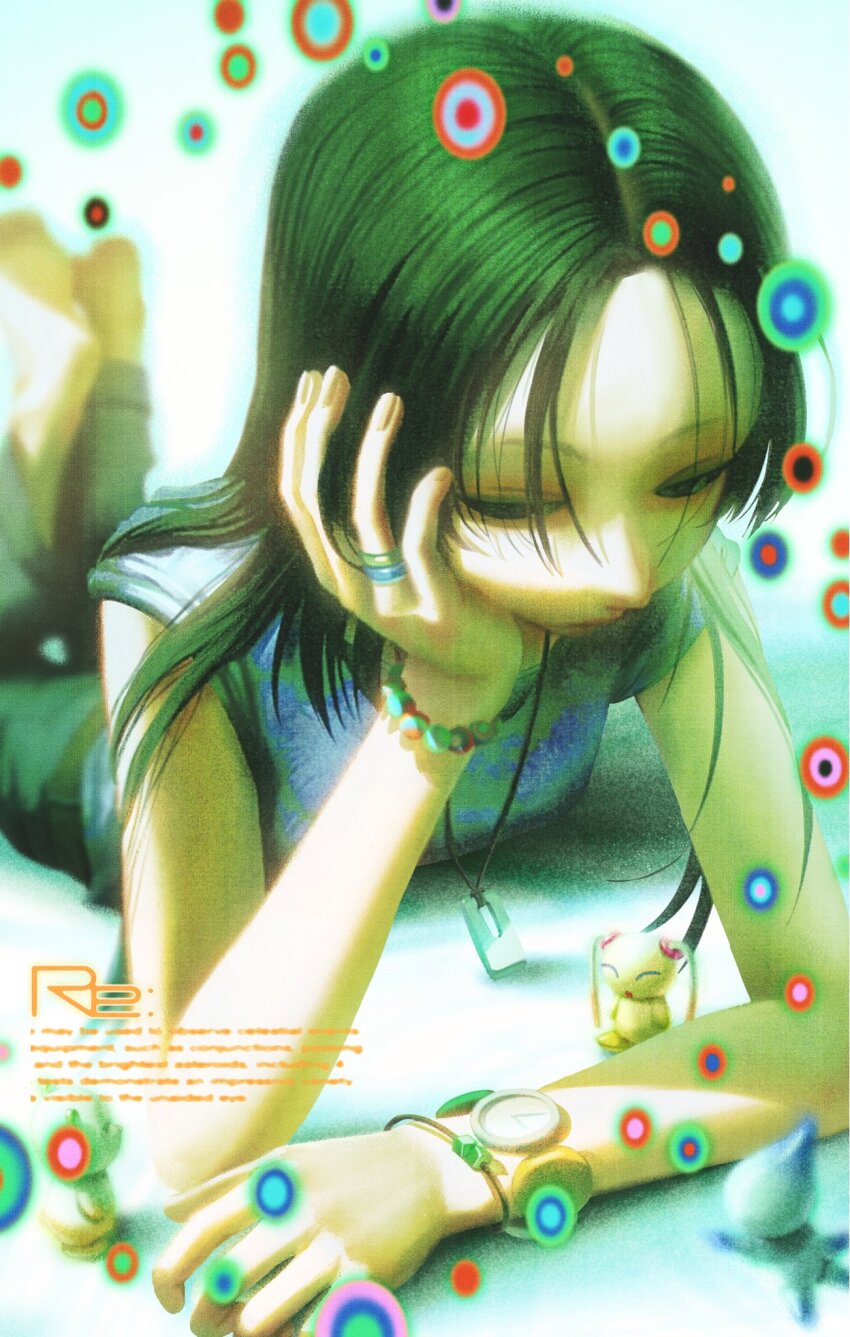 1girl barefoot black_eyes black_hair blurry bracelet creature depth_of_field expressionless flat_chest head_rest highres jewelry kanikumi_toi long_hair looking_down lying necklace on_stomach original shirt solo