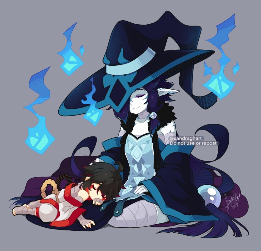 1boy 1girl affectionate bandages black_hair blue_fire blue_hair blue_hat blue_nails closed_eyes commentary english_commentary fire gradient_hair hair_ornament hat highres large_hat long_hair magic mother_and_son motherly multicolored_hair original pearl_hair_ornament pink_eyes pointy_ears purple_hair pyrokinesis red_hair robe sandragh short_hair signature simple_background sleeping sleeping_on_person smile two-tone_hair two-tone_hat two-tone_robe very_long_hair very_long_sleeves watermark white_robe witch witch_hat