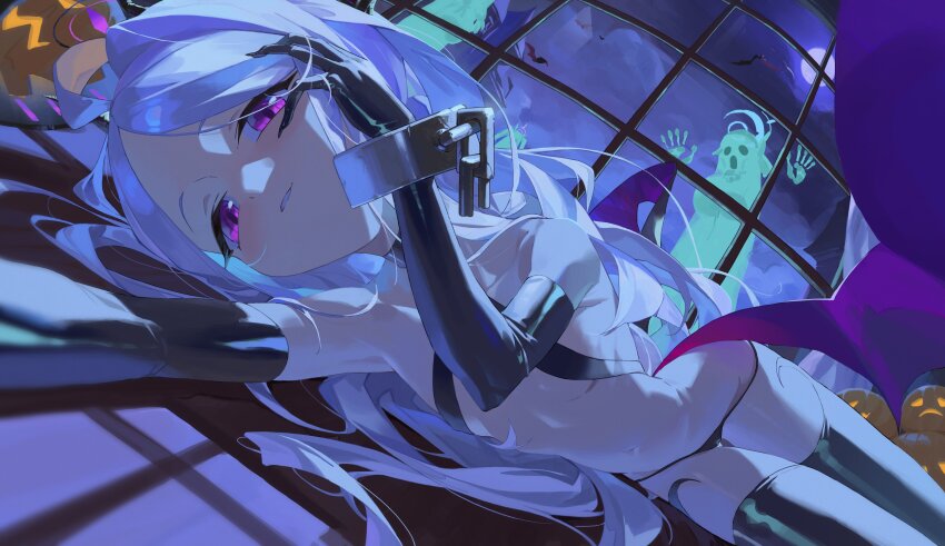 1girl absurdres ahoge ako_(blue_archive) alternate_costume bikini black_bikini black_gloves black_halo black_thighhighs blue_archive blush breasts broken_handcuffs chain cosplay demon_girl demon_horns demon_wings dot_nose elbow_gloves flat_chest ghost gloves grin halloween halloween_costume halo halterneck hand_on_own_face handprint highres hina_(blue_archive) horns jack-o&#039;-lantern li-mi loli long_hair looking_at_viewer low_wings lowleg lowleg_bikini lying moon moonlight navel on_side parted_lips pumpkin purple_eyes single_handcuff smile solo swimsuit thighhighs thighs very_long_hair white_hair window wings zettai_ryouiki