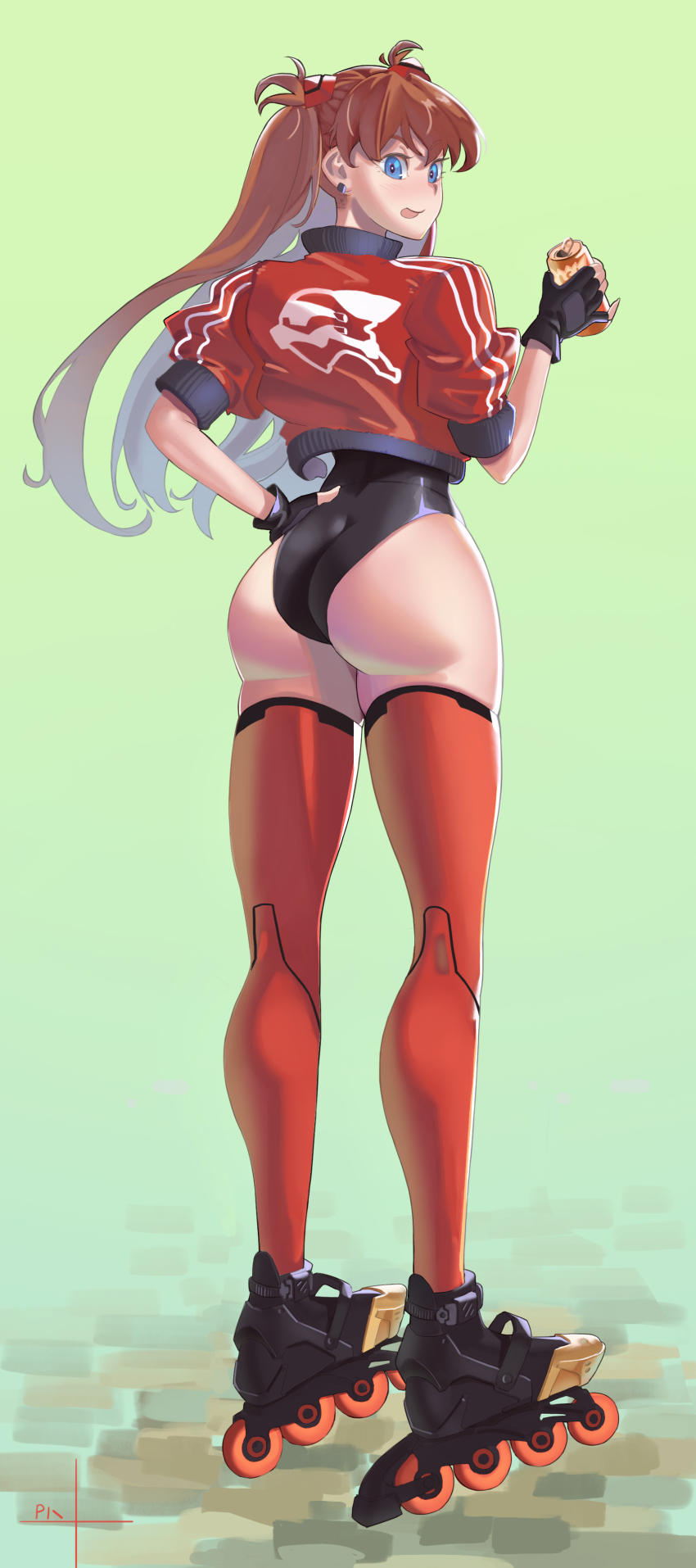 1girl absurdres ass black_leotard blue_eyes brown_hair can female_focus fingerless_gloves full_body gloves green_background hair_ornament hand_on_own_hip highleg highleg_leotard highres holding holding_can huge_ass interface_headset_(evangelion) jacket leotard long_hair looking_at_viewer looking_back naughty_face neon_genesis_evangelion pixxel roller_skates shiny_clothes shiny_skin simple_background skates skindentation smile solo souryuu_asuka_langley standing thick_thighs thighhighs thighs tongue tongue_out twintails two_side_up very_long_hair wedgie wide_hips