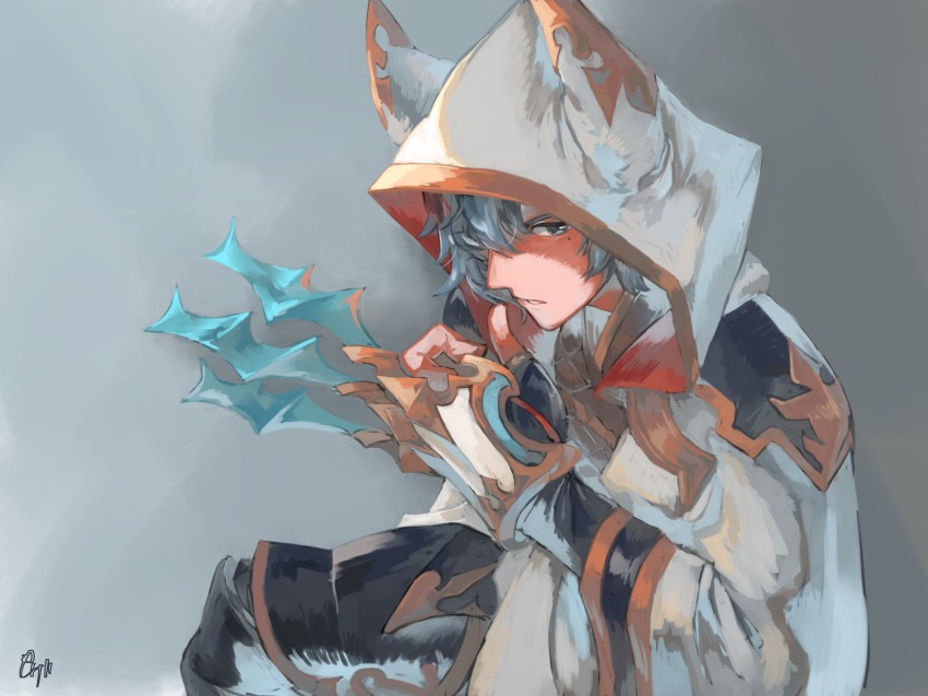 1boy animal_ears blue_hair cape erune granblue_fantasy highres hood looking_at_viewer male_focus mask mole mole_under_eye momomogeta parted_lips short_hair simple_background seox_(granblue_fantasy) upper_body