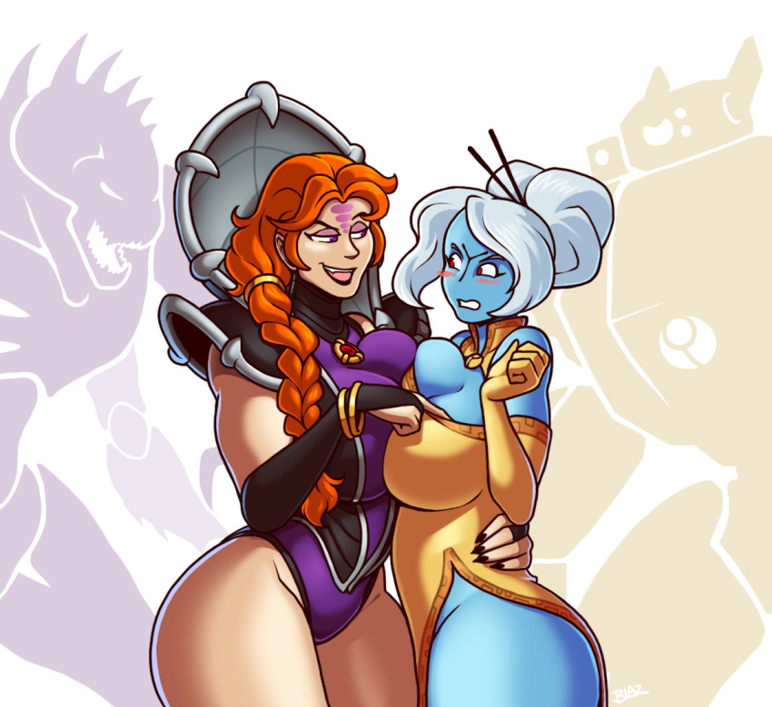 2girls alien angry ass black_lips black_nails blazbaros blue_skin bracelet braid braided_ponytail breast_press breasts bridal_gauntlets chinese_clothes colored_skin curvy genestealer grabbing_another&#039;s_breast groping hand_on_another&#039;s_waist high_collar huge_ass huge_breasts jewelry large_breasts leotard mecha monster multiple_girls muscular muscular_female nail_polish no_panties purple_eyes red_eyes red_hair robot seductive_smile sharp_nails sharp_teeth smile symmetrical_docking t&#039;au teasing teeth thick_thighs thighs tyranid warhammer_40k white_hair wide_hips yuri