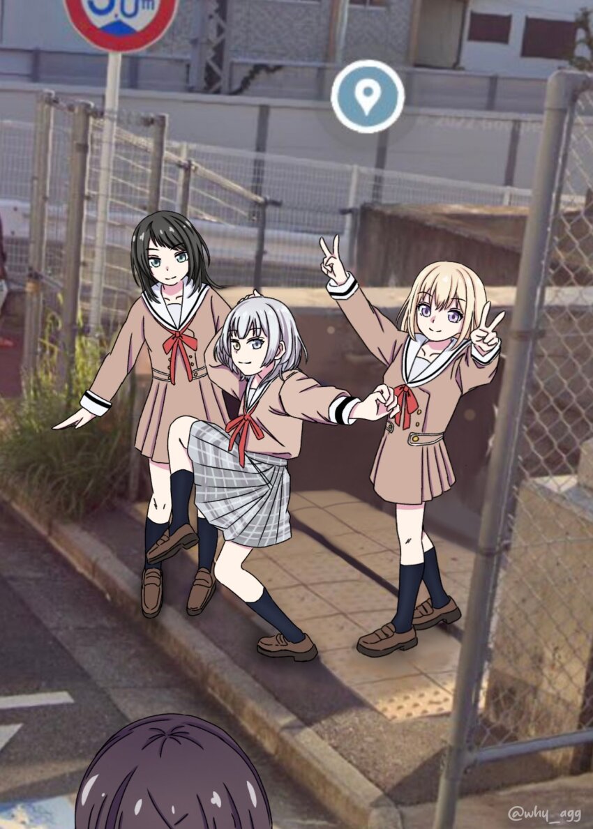 4girls a_whydc bang_dream! bang_dream!_it&#039;s_mygo!!!!! black_hair black_socks blonde_hair blue_eyes brown_dress brown_footwear chain-link_fence closed_mouth commentary day double_v dress fence grey_skirt hanasakigawa_school_uniform hashtag-only_commentary high_school_girls_posing_for_google_street_view_(meme) highres kaname_raana kneehighs loafers long_hair long_sleeves medium_hair meme misumi_uika multiple_girls neck_ribbon outdoors photo_background plaid_clothes plaid_skirt pleated_skirt purple_eyes red_ribbon ribbon sailor_collar sailor_dress school_uniform shiina_taki shoes skirt smile socks twitter_username v white_hair white_sailor_collar yahata_umiri