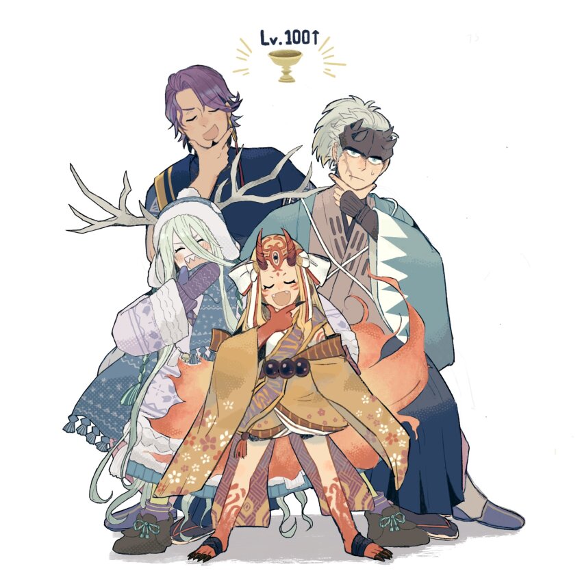 2boys 2girls ^_^ beard_stubble black_socks clawed_feet closed_eyes closed_mouth duryodhana_(fate) earrings facial_hair facial_scar fangs fate/grand_order fate_(series) full_body green_eyes hand_on_own_chin haori headband highres holy_grail_(fate) ibaraki_douji_(fate) japanese_clothes jewelry long_hair long_sleeves looking_at_viewer louhi_(fate) louhi_(second_ascension)_(fate) medium_sideburns mittens multiple_boys multiple_girls nagakura_shinpachi_(fate) open_mouth purple_hair purple_socks scar scar_on_cheek scar_on_face scarf shinsengumi short_hair short_sleeves simple_background single_earring slippers smile smug socks striped_clothes striped_socks stroking_own_chin stubble sweatdrop tkndddd very_long_hair white_background