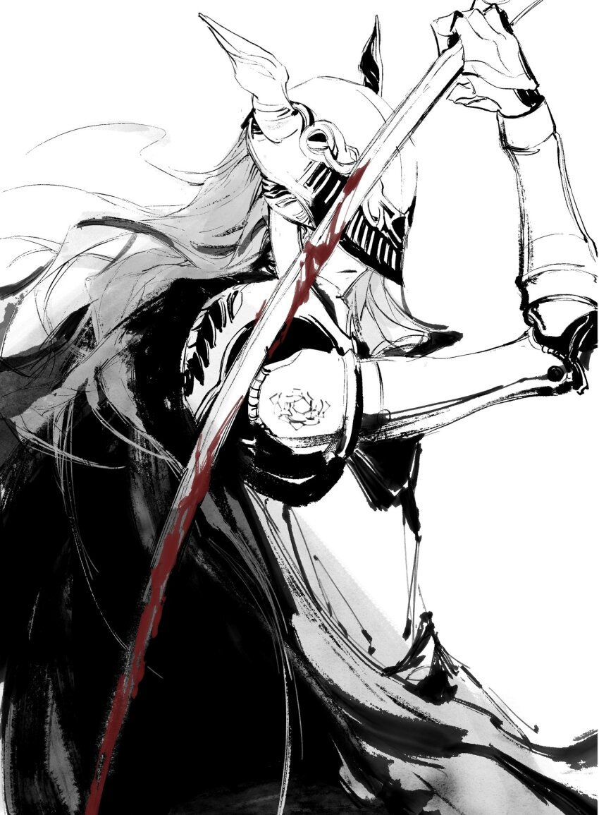 1girl armor black_cape blood bloody_weapon cape closed_mouth covered_eyes elden_ring helmet helmet_over_eyes highres holding holding_weapon jiao_chang malenia_blade_of_miquella mechanical_arms monochrome prosthesis prosthetic_arm single_mechanical_arm solo weapon white_background winged_helmet