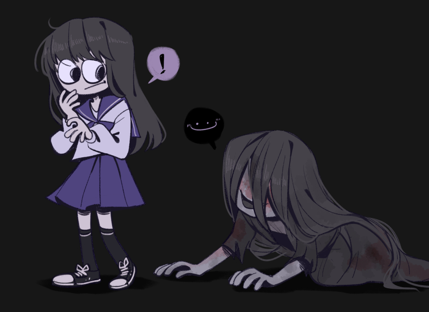 ! 1boy 1girl black_eyes black_hair black_kimono blood blood_on_clothes blood_on_face chinese_commentary chlorenw commentary_request crawling heroine_(homicipher) highres homicipher japanese_clothes kimono long_hair looking_at_another mr._crawling school_uniform serafuku skirt spoken_exclamation_mark spoken_expression very_long_hair