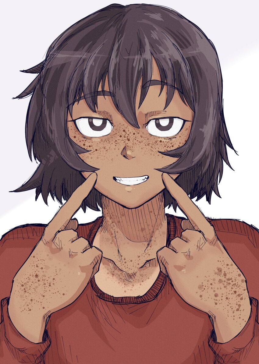 1girl absurdres ameh_li azumanga_daiou black_hair body_freckles bright_pupils brown_eyes dark-skinned_female dark_skin freckles grin highres index_fingers_raised kagura_(azumanga_daioh) looking_at_viewer red_sweater short_hair simple_background smile solo sweater teeth white_background white_pupils