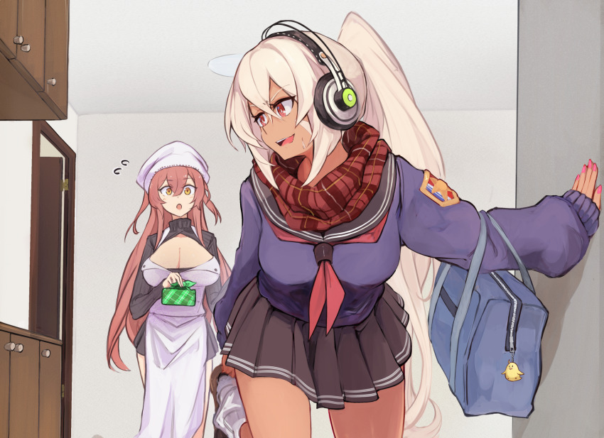 2girls adjusting_footwear apron azur_lane bag bag_charm black_sailor_collar black_shirt black_skirt blue_bag breasts brown_footwear cabinet cardigan charm_(object) cleavage cleavage_cutout clothing_cutout commentary_request crossed_bangs dark-skinned_female dark_skin facepaint feet_out_of_frame hair_between_eyes headphones headscarf high_ponytail highres indoors large_breasts long_hair looking_at_another manjuu_(azur_lane) marshall_k medium_breasts miniskirt minneapolis_(azur_lane) minneapolis_(wild_huntress_schoolgirl)_(azur_lane) multiple_girls official_alternate_costume open_mouth pink_hair plaid_clothes plaid_scarf pleated_skirt ponytail purple_cardigan red_eyes red_scarf sailor_collar scarf school_bag shirt shoes skirt smile socks very_long_hair volga_(azur_lane) white_apron white_hair white_headscarf white_socks wrapped_bento yellow_eyes