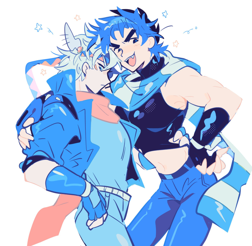 2boys :d bare_shoulders battle_tendency belt black_belt black_gloves black_shirt blonde_hair blue_eyes blue_hair blue_pants blue_shirt caesar_anthonio_zeppeli cowboy_shot crop_top drawn_star facial_mark fang feather_hair_ornament feathers fingerless_gloves gloves gogeyama hair_ornament halftone hand_on_another&#039;s_arm hand_on_another&#039;s_waist hand_on_own_hip headband highres jacket jojo_no_kimyou_na_bouken joseph_joestar male_focus midriff multicolored_scarf multiple_boys navel open_mouth orange_scarf palmar_flexion pants scarf shirt short_hair smile star_(symbol) striped_clothes striped_scarf tight_top triangle_print turtleneck white_background yaoi