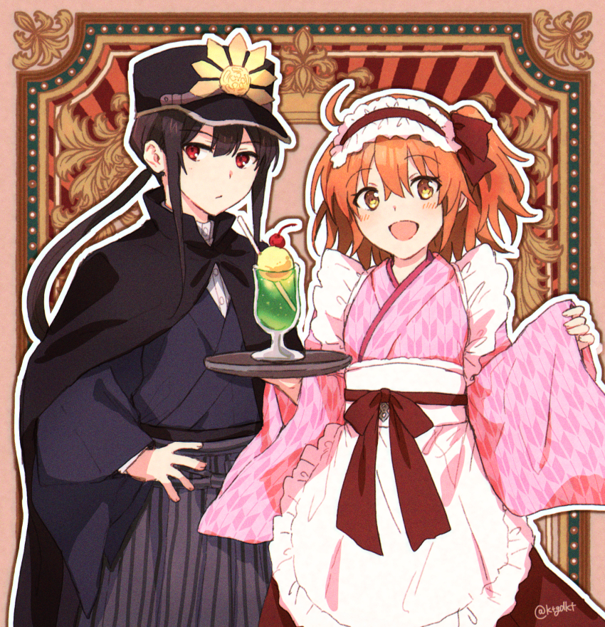 1boy 1girl :d ahoge alternate_costume apron black_cape black_hair blue_hakama blue_kimono blush border bow cape center-flap_bangs cherry closed_mouth cowboy_shot drinking_straw fate/grand_order fate_(series) food frilled_apron frilled_suspenders frills fruit fujimaru_ritsuka_(female) hair_between_eyes hair_bow hakama hakama_pants hand_on_own_hip hands_up high_collar highres holding holding_tray ice_cream ice_cream_float japanese_clothes kimono long_hair long_sleeves looking_at_viewer low_ponytail maid maid_apron maid_headdress medium_hair obi oda_nobukatsu_(fate) one_side_up open_mouth orange_hair ornate_border outline outside_border pants pink_kimono ponytail red_bow red_eyes sash shirt shosei sidelocks sleeves_past_wrists smile striped_hakama t_kattu taishou tray twitter_username v-shaped_eyebrows wa_maid waist_apron white_outline white_shirt wide_sleeves yagasuri yellow_eyes