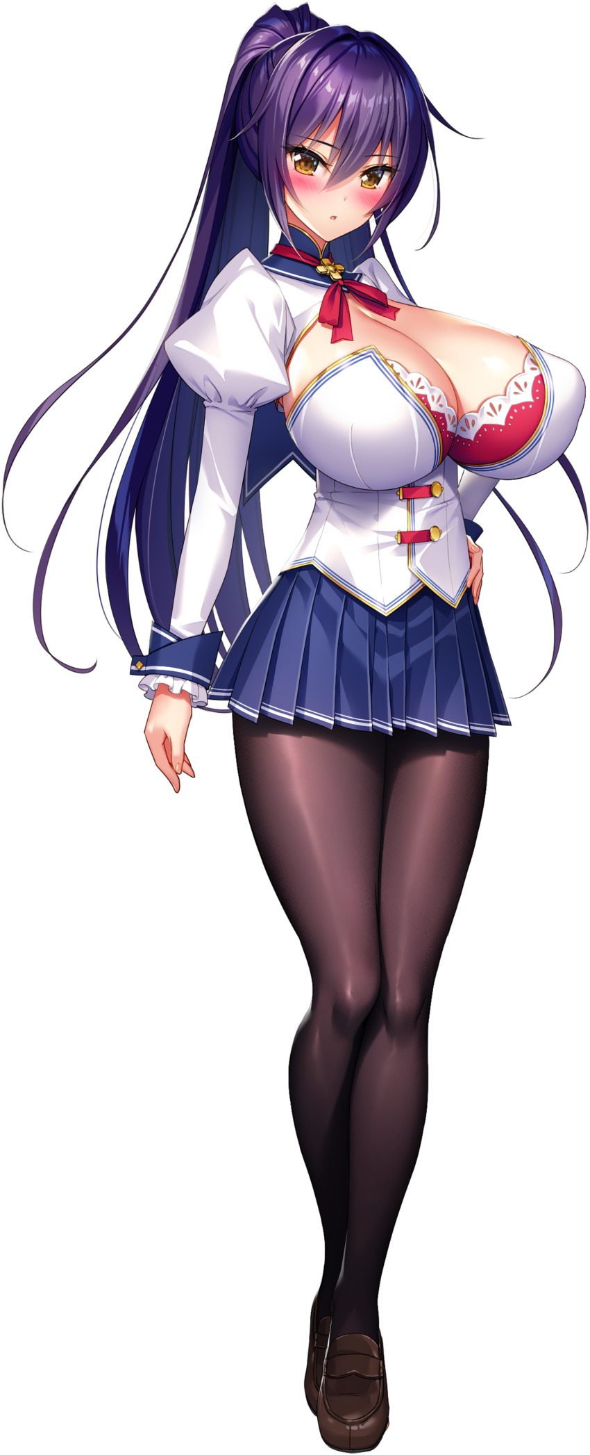 1girl absurdres black_pantyhose blush breasts brown_shoes cleavage_cutout closed_mouth clothing_cutout derauea dot_mouth full_body game_cg hand_on_own_hip high_ponytail highres huge_breasts juliet_sleeves long_hair long_sleeves milk_factory minase_maya motto!_haramase!_honoo_no_oppai_chou_ero_appli_gakuen! non-web_source official_art pantyhose ponytail puffy_sleeves purple_hair red_ribbon ribbon school_uniform shirt shoes sidelocks solo sprite sprite_art standing tachi-e transparent_background white_shirt yellow_eyes