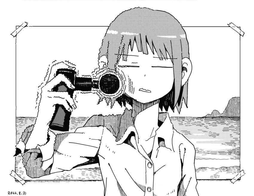 1girl aremoyou beach closed_eyes commentary dated greyscale highres holding jitome kitano_takeshi massager monochrome ocean original parody scene_reference shirt short_hair solo sonatine tape white_background