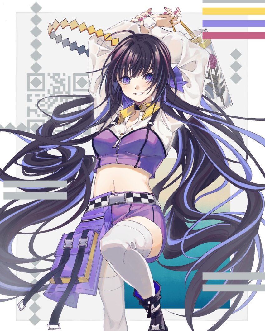 1girl bag belt black_choker black_hair bow choker crop_top girls&#039;_frontline girls&#039;_frontline_neural_cloud hair_bow halo halo_removed highres holding holding_bag leg_up long_hair looking_at_viewer midriff nail_polish nanaka_(iris-colored_holiday)_(neural_cloud) nanaka_(neural_cloud) navel official_alternate_costume purple_eyes purple_skirt qr_code rabb_horn red_nails shopping_bag skirt smile solo thighhighs twintails very_long_hair white_thighhighs