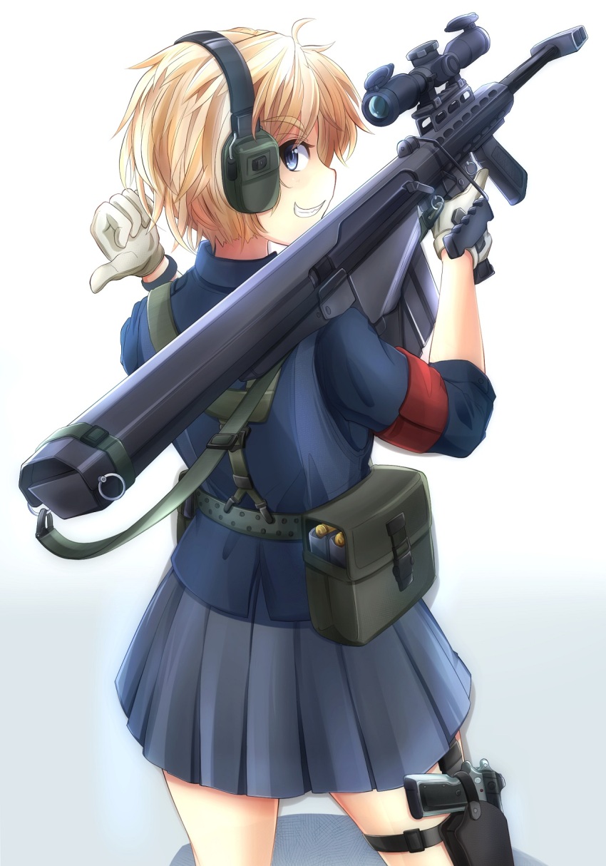 .50_bmg 1girl ammunition ammunition_pouch anti-materiel_cartridge anti-materiel_rifle armband ass barrett_firearms_manufacturing barrett_m82 barrett_m82a2 belt blonde_hair blue_eyes bullpup earmuffs from_behind gloves grin gun gun_sling handgun holding holding_gun holding_weapon holster leg_holster looking_at_viewer looking_back magazine_(weapon) mikeran_(mikelan) miniskirt muzzle_device original pistol pouch rail_(weapon) rifle rifle_cartridge scope semi-automatic_rifle shadow short_hair simple_background skirt smile sniper_rifle thigh_holster utility_belt weapon white_background