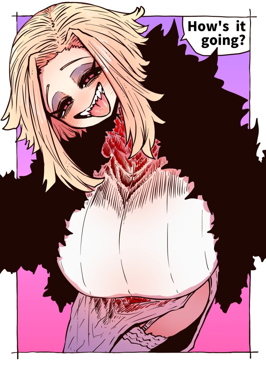 1girl bare_shoulders blonde_hair blush breasts coat elbow_gloves fur_coat gigantic_breasts gloves haibara_tatsumi haiena_chan_ni_nerawarete highres large_breasts looking_at_viewer mature_female open_mouth pink_eyes short_hair sleeveless sleeveless_sweater slit_pupils smile solo speech_bubble sweater tall_female thighhighs tongue tongue_out white_gloves white_thighhighs winter_clothes winter_coat zyugoya