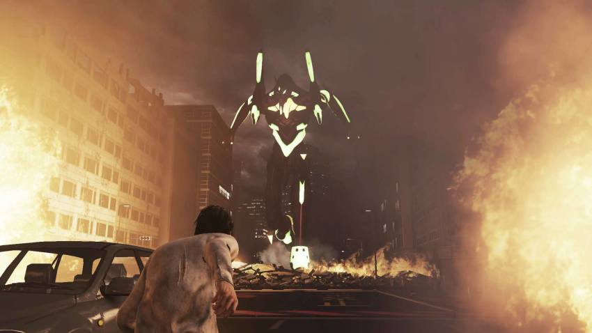 1boy car city_shrouded_in_shadow cyborg eva_01 fire gainax giant giant_monster giant_robot glowing glowing_eyes granzella highres kaiju khara_(animation_studio) mecha misaki_ken monster motor_vehicle neon_genesis_evangelion rebuild_of_evangelion robot