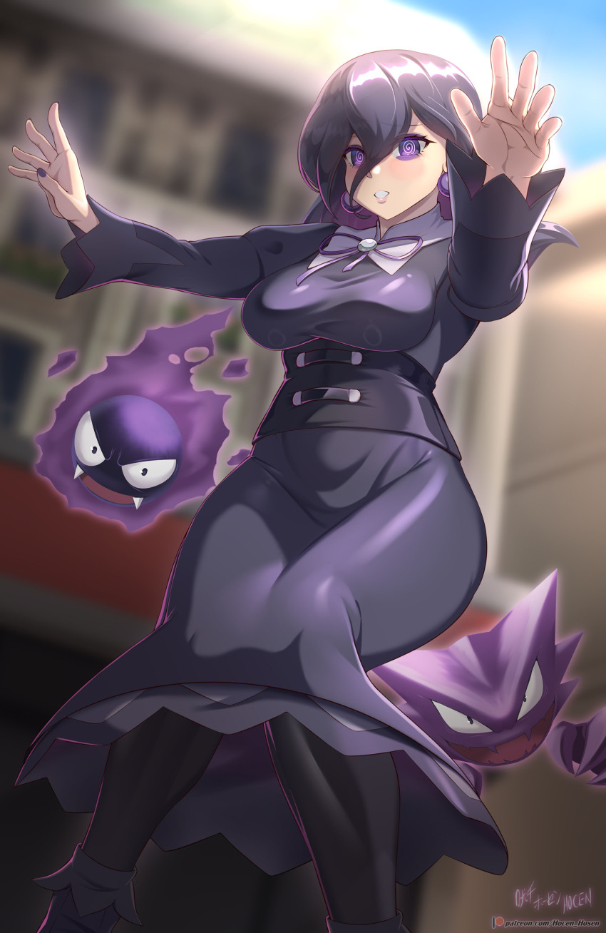 1girl @_@ absurdres black_hair black_pantyhose blurry blurry_background breasts day dress earrings gastly gen_1_pokemon hair_between_eyes haunter hex_maniac_(pokemon) hex_maniac_(pokemon_legends:_z-a) highres jewelry knees_together_feet_apart long_hair mixed-language_commentary nail_polish neck_ribbon nintendo outdoors outstretched_arms pantyhose patreon_logo pokemon pokemon_(creature) pokemon_legends:_z-a purple_eyes purple_ribbon ribbon shoes standing teeth vilde_loh_hocen watermark web_address