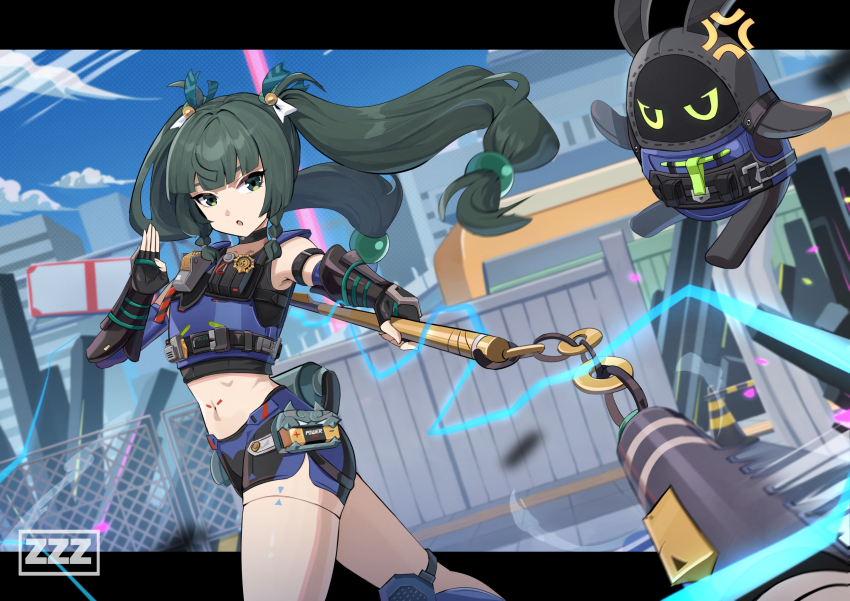 1girl anger_vein arm_strap bangboo_(zenless_zone_zero) bare_shoulders black_gloves black_shorts blue_shorts blue_sky blue_vest braid breasts choker cloud crop_top cropped_vest daweykun elbow_gloves fingerless_gloves gloves green_eyes green_hair hair_ribbon highres holding holding_nunchaku holding_weapon hollow_(zenless_zone_zero) long_hair looking_at_viewer navel nunchaku open_mouth police police_uniform qingyi_(zenless_zone_zero) ribbon securityboo_(zenless_zone_zero) shipping_container short_shorts shorts sidelocks sky small_breasts solo thighhighs thighs three_section_staff twin_braids twintails very_long_hair vest weapon white_thighhighs zenless_zone_zero