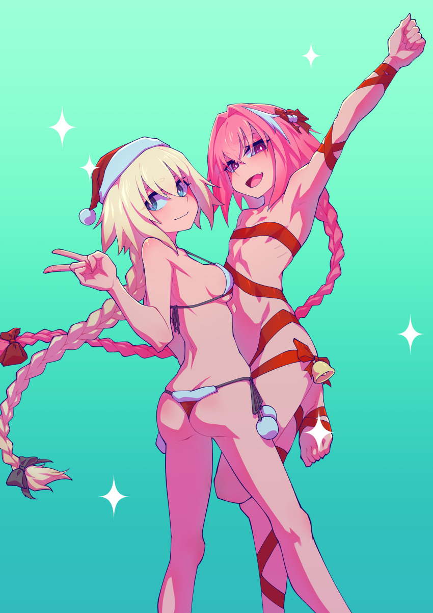 1boy 1girl :d absurdres aqua_background arm_up armpits ass astolfo_(fate) bare_arms bare_legs bare_shoulders barefoot bell bikini black_bow blonde_hair blue_eyes bow box braid breasts butt_crack clenched_hand commentary english_commentary fang fate/grand_order fate_(series) hair_between_eyes hair_bow hat hej_510 highres jeanne_d&#039;arc_(fate) long_braid long_hair medium_breasts naked_ribbon nude open_mouth pink_hair pom_pom_(clothes) red_bow red_eyes red_ribbon ribbon santa_hat simple_background single_braid skin_fang smile sparkle string_bikini swimsuit symbol-only_commentary trap v very_long_hair