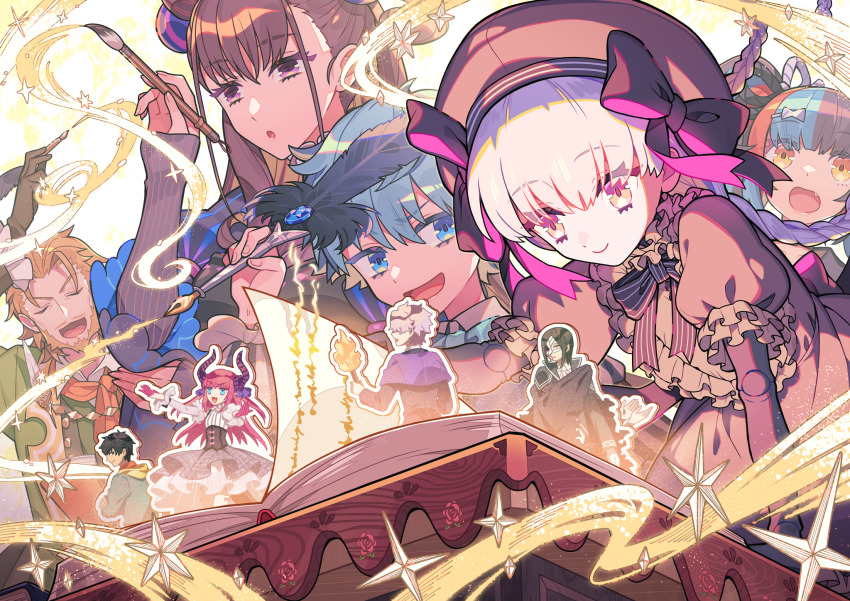 arash_(fate) beard blue_hair book bow braid brown_hair calligraphy_brush character_cutout doll_joints elizabeth_bathory_(fate) elizabeth_bathory_(fate/extra) elizabeth_bathory_(second_ascension)_(fate) facial_hair fang fate/grand_order fate_(series) galahad_(fate) hans_christian_andersen_(fate) hat highres joints magic multicolored_hair murasaki_shikibu_(fate) nib_pen_(object) nursery_rhyme_(fate) open_book paintbrush pen phantom_of_the_opera_(fate) puteru quill sei_shounagon_(fate) smile twin_braids white_hair william_shakespeare_(fate)