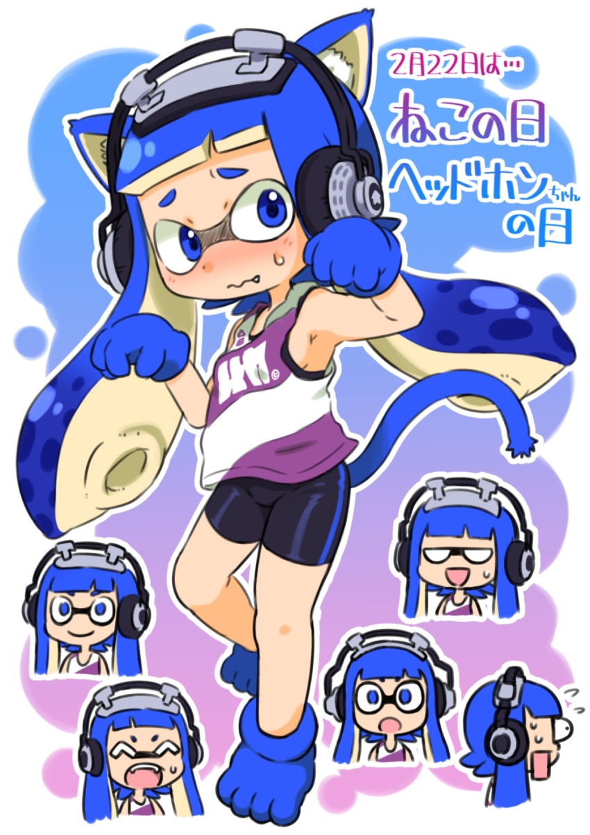 1girl animal_ear_fluff animal_ears animal_hands bike_shorts black_shorts blue_eyes blue_gloves blue_hair blue_tail breasts cat_day cat_ears cat_tail closed_mouth multiple_expressions fang fang_out furrowed_brow gloves hands_up headphone-chan_(splatoon) headphones highres ikaheigen inkling inkling_girl inkling_player_character kemonomimi_mode nintendo outline paw_gloves paw_shoes shorts sideboob single_vertical_stripe splatoon_(manga) splatoon_(series) suction_cups tail tail_raised tank_top tentacle_hair wavy_mouth white_outline