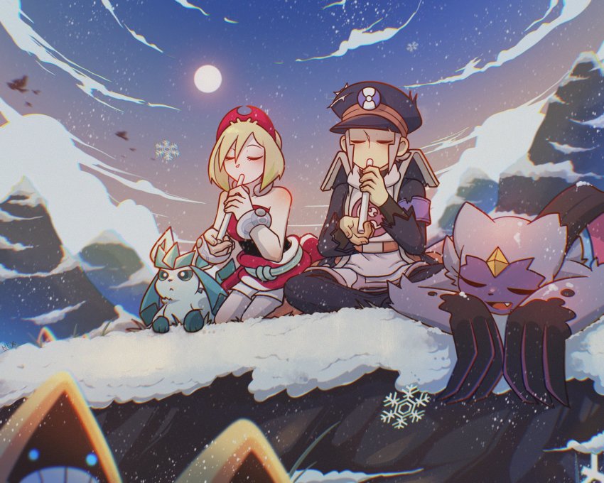1boy 1girl armband bare_shoulders black_jacket blonde_hair bracelet closed_eyes cloud commentary english_commentary evening flute gen_3_pokemon gen_4_pokemon glaceon grey_hair hat highres indian_style ingo_(pokemon) instrument irida_(pokemon) jacket jewelry kneeling m-hex music nintendo obi obijime outdoors pants peaked_cap pearl_clan_outfit playing_flute playing_instrument pokemon pokemon_(creature) pokemon_legends:_arceus sash short_hair short_shorts shorts sideburns sitting sleeping sneasler snorunt snow snowflakes snowing sun torc torn_clothes white_shorts