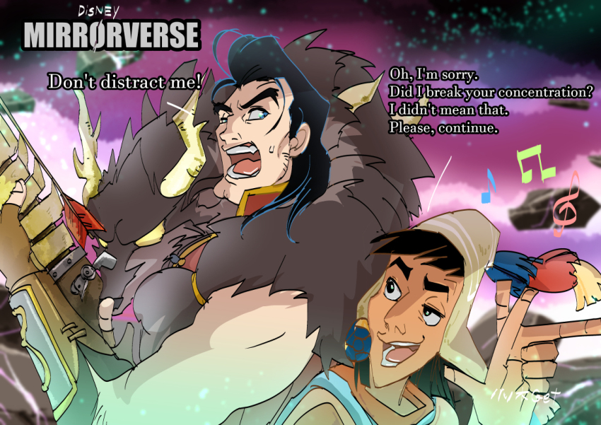 2boys beauty_and_the_beast_(disney) disney disney_mirrorverse gaston kuzco male_focus multiple_boys musical_note the_emperor&#039;s_new_groove