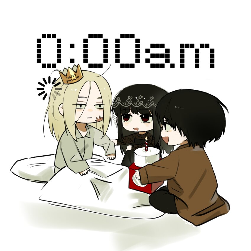 1girl 2boys 5a1_uei absurdres birthday_cake black_dress black_hair black_pants blonde_hair blunt_bangs cake chibi chibi_only chinese_commentary commentary_request crown dress facial_scar food grey_pajamas happy_birthday highres holding holding_cake holding_food holding_hands lace_dress loading_icon long_hair looking_at_another looking_to_the_side multiple_boys nagumo_(sakamoto_days) open_mouth osaragi_(sakamoto_days) pajamas pants red_eyes sakamoto_days saliva scar scar_on_cheek scar_on_face shishiba_(sakamoto_days) simple_background sitting sleeping_bag sleepy under_covers upper_body veil white_background