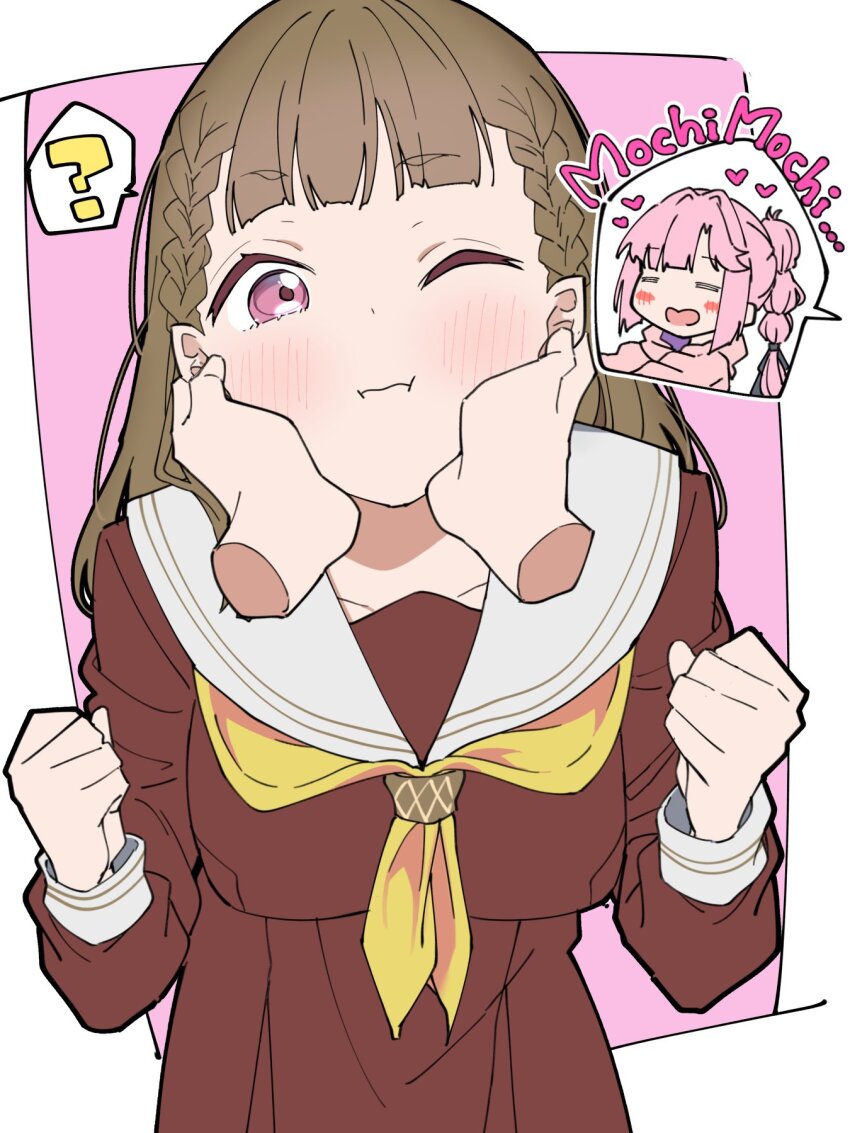 2girls ;i =_= ? anyoji_hime black_ribbon blunt_bangs blush border braid breasts brown_dress brown_hair center-flap_bangs clenched_hands collarbone commentary_request cowboy_shot disembodied_hand dress female_pov hair_ribbon hands_on_another&#039;s_cheeks hands_on_another&#039;s_face hasu_no_sora_school_uniform heart highres hood hooded_jacket jacket kachimachi_kosuzu leaning_forward link!_like!_love_live! liz_(piyoko_piyop) long_hair long_sleeves love_live! medium_breasts multi-tied_hair multiple_girls neckerchief outside_border pink_background pink_eyes pink_hair pink_jacket pleated_dress ponytail pov revision ribbon romaji_text sailor_collar sailor_dress school_uniform side_braids sidelocks smile solo_focus spoken_question_mark straight_hair swept_bangs thick_outlines virtual_youtuber white_border white_sailor_collar winter_uniform yellow_neckerchief