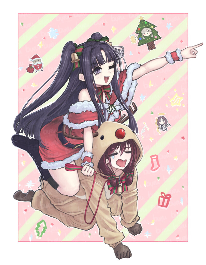 5girls all_fours awa_subaru beer_mug black_footwear black_hair boots bow brown_gloves brown_hair commentary cup deer_costume dress ebizuka_tomo fake_facial_hair fake_mustache girls_band_cry gloves green_bow grey_hair hair_between_eyes hair_bow hair_ribbon halo highres holding holding_leash iseri_nina kawaragi_momoka leash long_hair long_hair_between_eyes low_twintails mug multiple_girls no_shoes one_eye_closed onesie open_mouth parted_bangs red_dress ribbon rupa_(girls_band_cry) santa_costume short_hair short_twintails sidelocks teeth togenashi_togeari tomare_(akashingou) twintails two_side_up upper_teeth_only white_ribbon