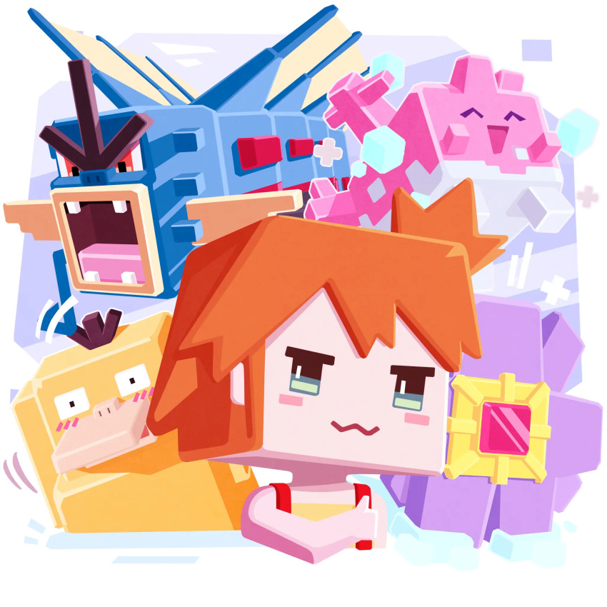 1girl :3 ^_^ artist_request blush border chibi closed_eyes closed_mouth corsola eyelashes gem gen_1_pokemon gen_2_pokemon green_eyes gyarados happy highres looking_at_viewer misty_(pokemon) nintendo open_mouth orange_hair pokemon pokemon_(anime) pokemon_(classic_anime) pokemon_(creature) pokemon_quest psyduck red_eyes red_gemstone shirt short_hair side_ponytail sleeveless sleeveless_shirt smile source_request starmie suspenders upper_body white_border yellow_shirt