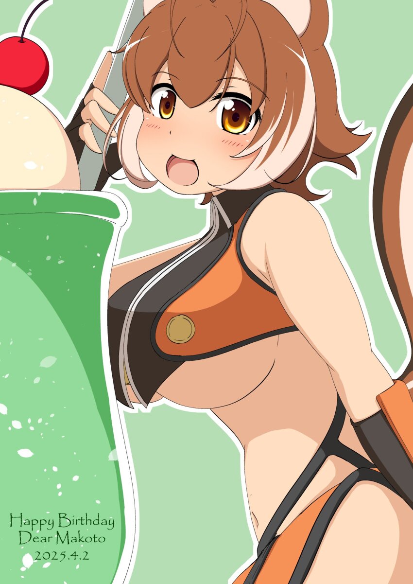 1girl animal_ears bare_shoulders blazblue blush breasts brown_hair crop_top food from_side green_background highres ice_cream large_breasts looking_at_viewer makoto_nanaya microskirt mirano skirt sleeveless squirrel_ears squirrel_tail tail underboob white_hair