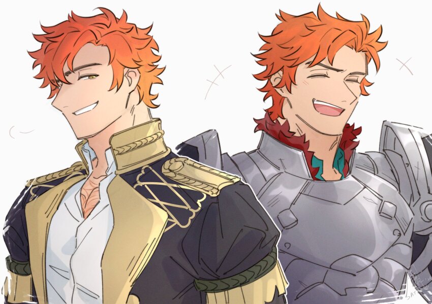 +++ 2boys armor breastplate chest_hair closed_eyes collared_shirt commentary dual_persona english_commentary fire_emblem fire_emblem:_three_houses fur-trimmed_collar fur_trim garreg_mach_monastery_uniform grin highres jacket lapels looking_to_the_side male_focus multiple_boys nintendo open_clothes open_collar open_jacket open_mouth orange_hair pauldrons popped_collar red_fur satodee school_uniform shirt shoulder_armor sideways_glance sideways_mouth simple_background smile sylvain_jose_gautier teeth tongue upper_body upper_teeth_only white_background white_shirt yellow_eyes