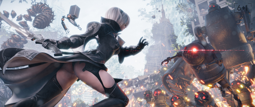 1girl 2b_(nier:automata) 6+others ass black_dress black_gloves black_thighhighs blindfold breasts dress gloves glowing glowing_eyes highres holding holding_sword holding_weapon machine_(nier) medium_breasts multiple_others nier:automata nier_(series) outdoors pod_(nier:automata) red_eyes seven_(sixplusone) short_hair sword thighhighs weapon white_hair