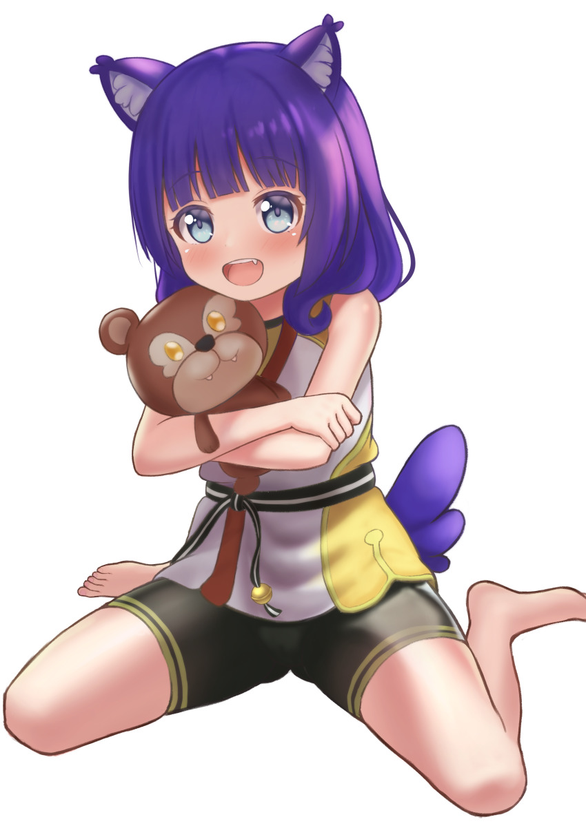 1girl absurdres aged_down ak13077 animal_ear_fluff animal_ears barefoot bike_shorts blush child dog_ears dog_girl eyebrows_hidden_by_hair fang flat_chest full_body futoku_no_guild highres hitamu_kyan hugging_doll hugging_object looking_at_viewer open_mouth purple_hair sitting smile solo stuffed_animal stuffed_toy teddy_bear transparent_background tunic yokozuwari