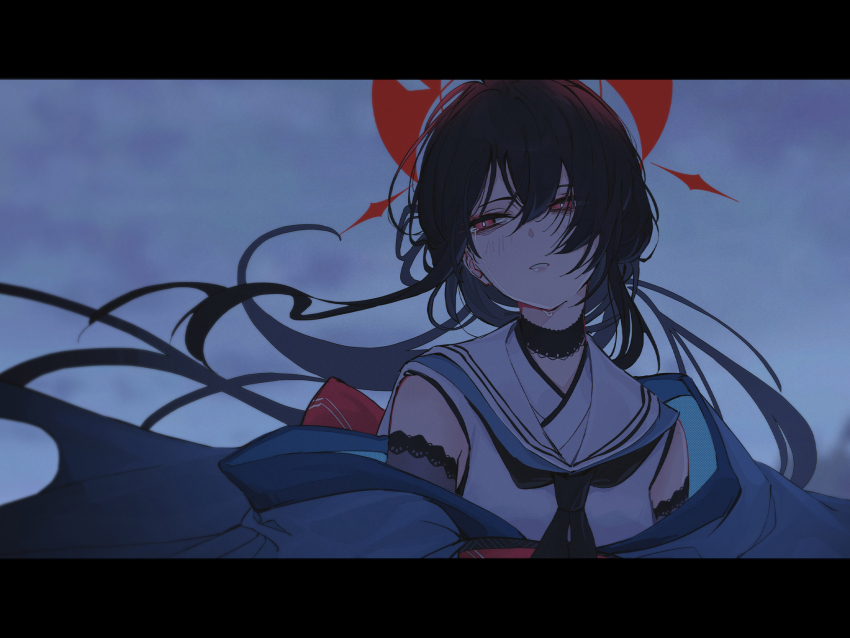 1girl black_choker black_hair black_neckerchief blue_archive blue_kimono choker closed_mouth hair_between_eyes highres japanese_clothes kimono kokuriko_(blue_archive) long_hair looking_to_the_side neckerchief sailor_collar shirt sidelocks sleeveless sleeveless_shirt solo upper_body white_sailor_collar white_shirt yodistira404