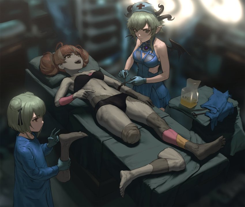 3girls adapted_costume barefoot black_bra black_panties blue_dress blue_gloves bra breasts apricot_the_lich collarbone colored_skin double_bun dress gloves green_eyes green_hair grey_skin hair_bun heterochromia holding_leg hololive hololive_indonesia horns infi kureiji_ollie medium_breasts midriff multiple_girls multiple_horns navel necromancer open_mouth panties pointing pointy_ears short_hair_with_long_locks small_breasts smile soles stitched_face stitches underwear uruha_rushia v virtual_youtuber vshojo wings zombie