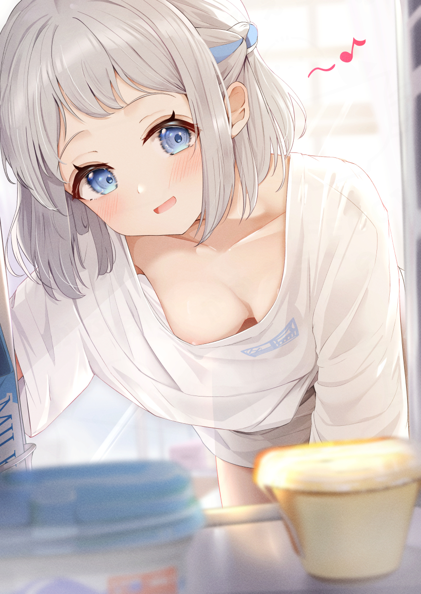 1girl absurdres areola_slip blue_eyes blue_ribbon blush braid breasts collarbone commentary_request downblouse food gakuen_idolmaster grey_hair hair_ribbon half_up_braid highres idolmaster indoors katsuragi_lilja leaning_forward looking_at_object medium_breasts musical_note no_bra pudding refrigerator refrigerator_interior ribbon ribbon_braid see-through_silhouette shirt short_hair sky_cappuccino smile solo white_shirt